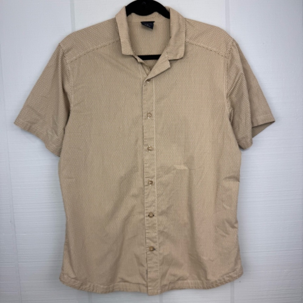 Nau Short Sleeve Button Down Shirt Tan Gingham Diamond Harlequin Texture Size M